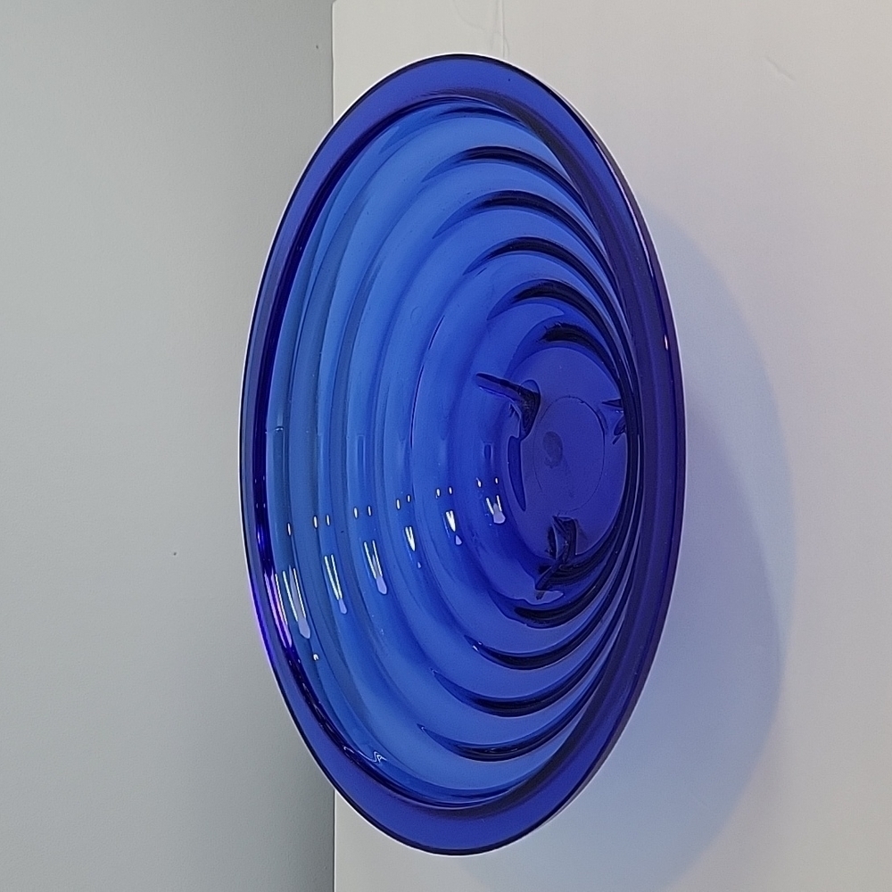 Cobalt Blue Footed Tiered Glass Bowl Large 14" Round